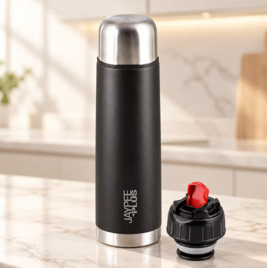 Jaypee Plus Vault Vacuum Insulated Stainless Steel Hot & Cold Flask with Cup Lid (1L, Black) on Instamart
