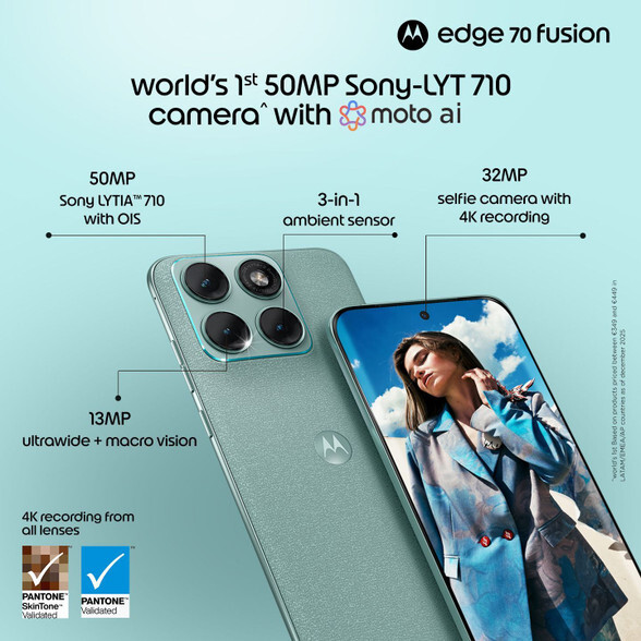 12/256 MOTOROLA Edge 70 Fusion PBBG0015IN, PBBG0031IN Octa Core Snapdragon 7s Gen 4 with 7000 mAh and IP68/IP69 dust tight and water resistant 