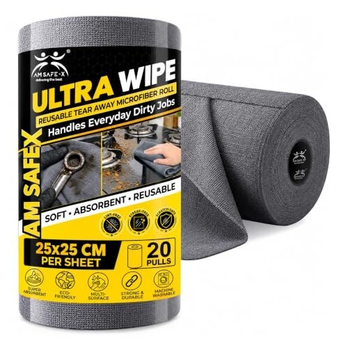 AM Safe-X Microfiber Cleaning Cloth Roll, 20Pcs, 4000 Times Washable - 10X Cheaper Than Paper Kitchen Towel Roll - Ultra Absorbent Lint Free Microfiber Cleaning Cloth for Kitchen - Tearable