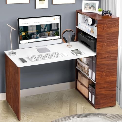 ABOUT SPACE Study Table with 4 Tier Book Shelf - Computer Table with Storage for PC, Laptop & Writing DIY Engineered Wood Office Table for Home [White & Oak Red L 120 x B 53 x H 124.5 cm]