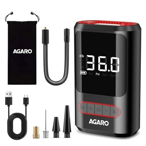 AGARO Galaxy Portable Tyre Inflator for Cars, Bikes, Bicycles & Ball, Pressure Detection, Auto Cut-Off, Type-C Charging, SOS Modes