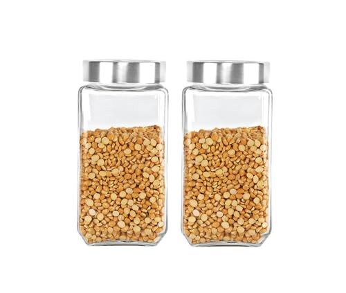 CELLO Qube Fresh Glass Storage Jar for Kitchen Set of 2 Pcs, 1000ml Transparent | Fridge Safe Airtight Leadfree Toughened Glass Kitchen Storage Containers Set For Beans, Whole Grains Spices Dry Fruits