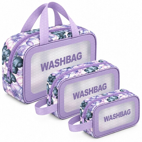 LUMONY® Makeup Pouch Bag PVC Travel Toiletries Organizer Cosmetic Bags Wash Bag Pouch for Travel Kit Toiletry Bag Portable Organizer Case Carry Pouch for Women Bathroom Set of 3 (Flower Design)