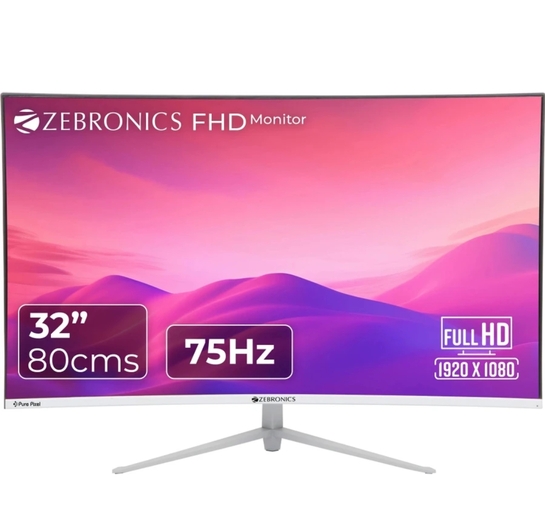 ZEBRONICS 80.0 cm (32 Inch) Curved Full HD LED Backlit VA Panel with HDMI + VGA Dual Input, Built-in Speaker, Max 250 Nits Brightness, White Monitor (ZEB -AC32FHD LED) on Flipkart