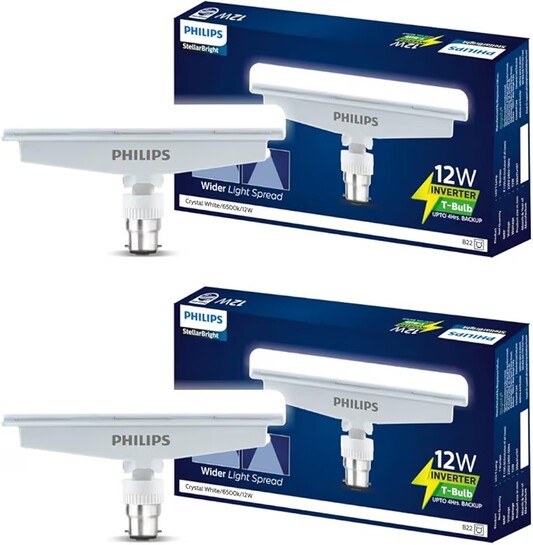 Philips 12W Emergency T-Bulb | Rechargeable Emergency Inverter T-Bulb For Hall & Home | Bulb Base : B22, Colour : Crystal Light, Pack of 2