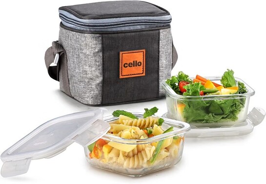 CELLO Glassy Square Lunch Box Set of 2 Pcs (320ml x 2) with Jacket