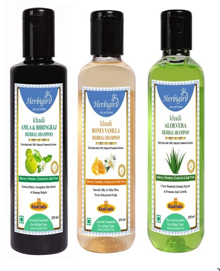 Herbigiri Amla Bhringraj, Honey Vanilla and Aloevera Herbal Shampoo Combo 630ml (Pack of 3, 210ml Each)