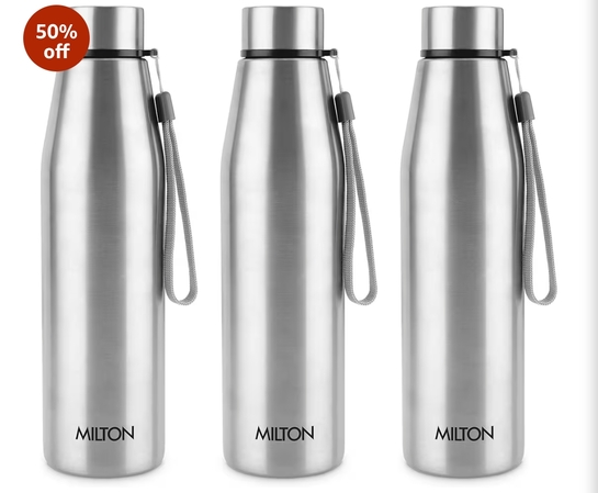 MILTON Drift 1000(pack of 3)Stainless Steel Water Bottle 950 ml, Set of 3, Single Walled, ISI Certified I Leak Proof Lid, Rust Proof I For School, Office, Gym I Silver