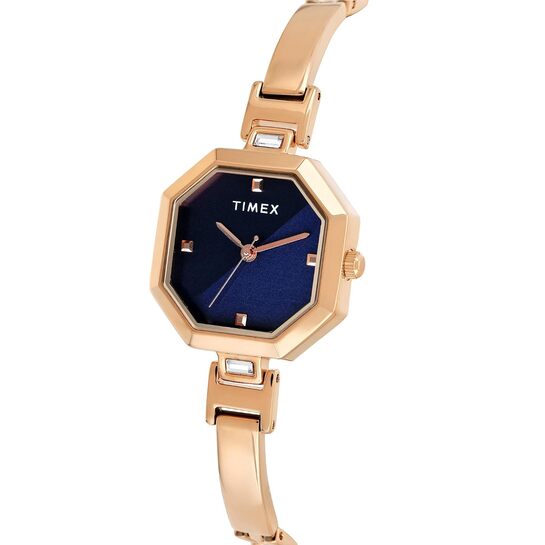 TIMEX Analog Watch for Women with Blue Octagonal Dial & Rose Gold Brass Bracelet Band Water Resistant Women's Wrist Watches - TWEL195SMU03