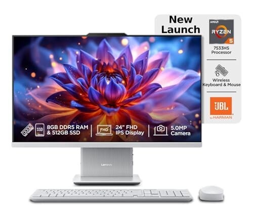 Lenovo IdeaCentre AIO Ryzen 5 7533HS 23.8" FHD IPS All-in-One Desktop (8GB RAM/512GB SSD/Win11/Microsoft 365 Basic + Office 2024/3Wx2 Speakers/5MP+IR Camera/Wireless Keyboard & Mouse)