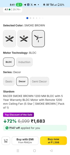 Stardom Racer Decor BLDC Fan ₹1,598 | 4.1 (29.7K Ratings)