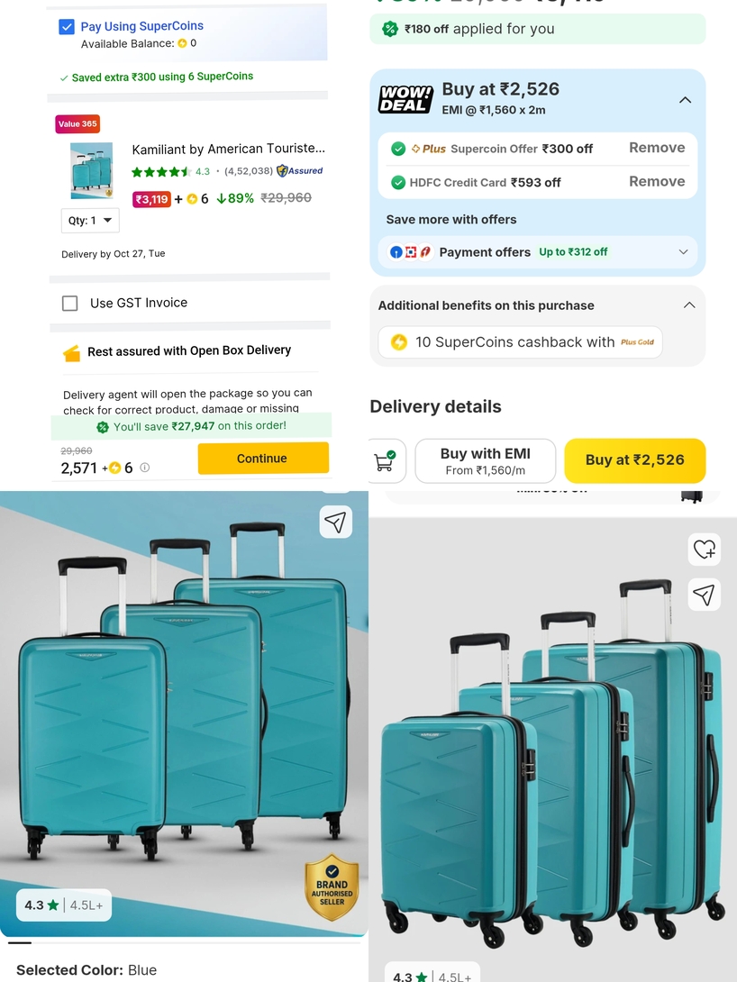 [6 supercoins cc + hdfc cc] Kamiliant by American Tourister 3-Piece Luggage | 4.3 (4.5L+ Ratings)