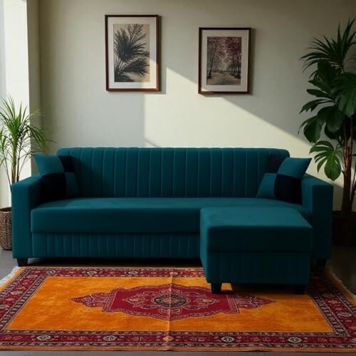 FURNY Grovila Fabric 4 Seater Convertiable L Shape Sofa Set 3 Seater Modern Sofa Set & Ottoman for Living Room (GreenishTeal) with Velvet Fabric | Durable Comfort | Modern Design | Ideal f