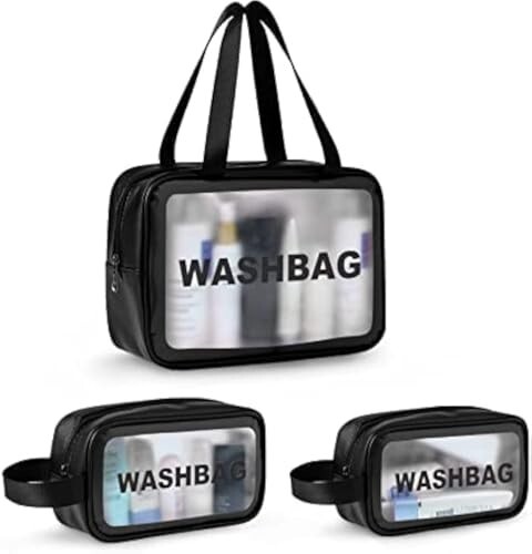 KASHIVAL Clear Travel Toiletry Bags Set, Waterproof Organizer Pouches, Large Capacity Storage Cases for Cosmetics, Accessories, 3 Pack (Black)