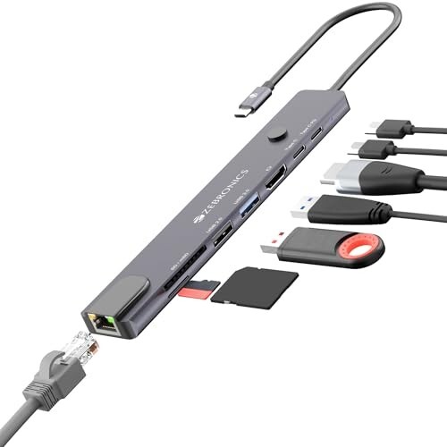 Zebronics 8-in-1 Type-C Multiport Hub, 100W PD Support, 5Gbps Data Transfer, HDMI 1.4 (4K@30Hz) with On/Off Button, 