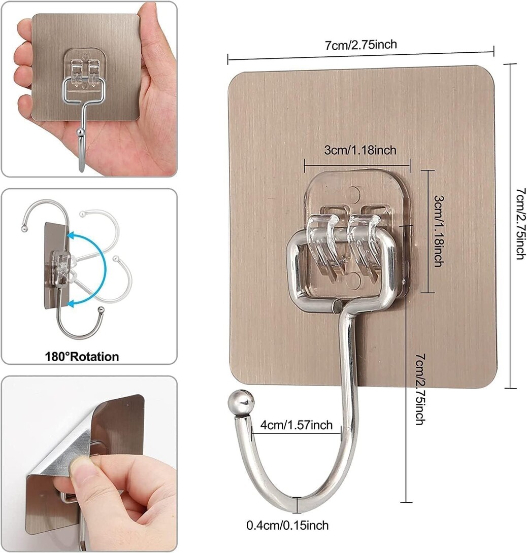 10 Pcs Heavy Duty Adhesive Wall Hooks – Waterproof Stainless Steel Stick On Hooks for Towel, Coat & Kitchen Storage – Damage-Free Wall Hangers for Bathroom, Home, and Office Organization