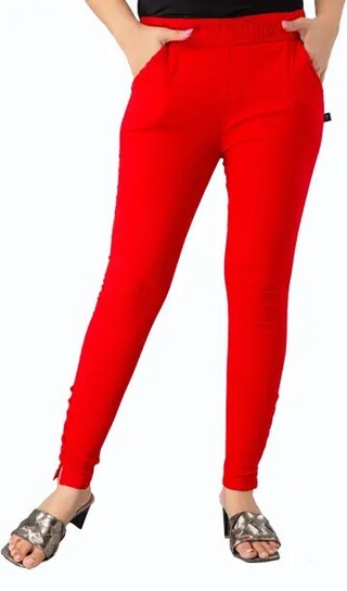 LADYBITE Women Solid Red Cotton Blend Stretchable Jeggings | High-Waist Ankle-Length Pants with Side Pockets   