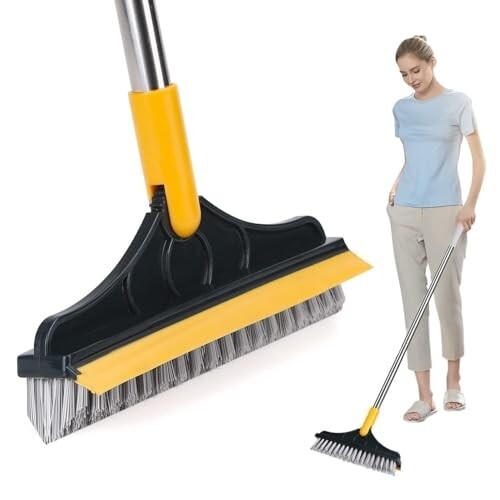 Bathroom Cleaning Brush with Wiper Tiles Cleaner with Long Handle 120° Rotate Bathroom Floor Scrub (2 in 1 Brush)