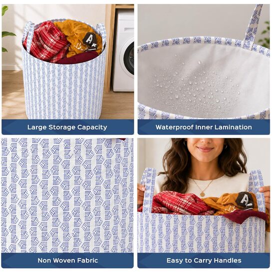 Homestrap 45L White Round Non-Woven Printed Laundry Basket for Clothes Storage | Foldable Waterproof Laundry Hamper with Handles