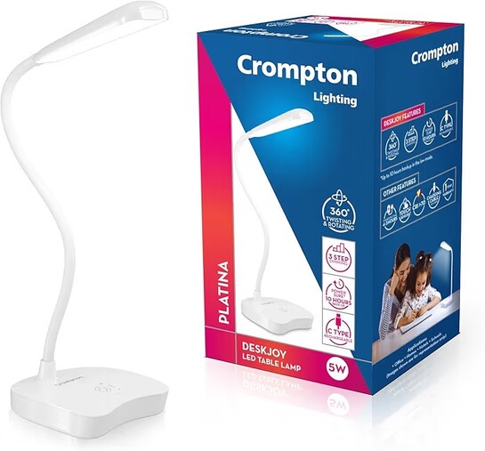 Crompton DeskJoy 5W USB-C LED Table Lamp | Touch Dimming, Pack of 1 USB-C rechargeable; 1800mAh Li-ion battery; up to 10 hours backup 360° flexible neck