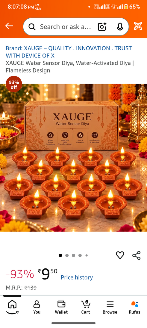 Amazon now :- XAUGE Water Sensor Diya, Water-Activated Diya | Flameless Design pack of 12
