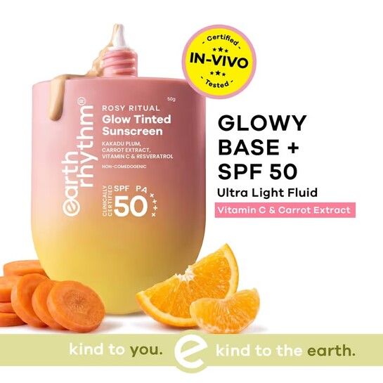 Earth Rhythm Rosy Ritual Glow Tinted Sunscreen In Vivo Tested SPF 50 PA ++++ with Vitamin C -Vanilla(50g)
