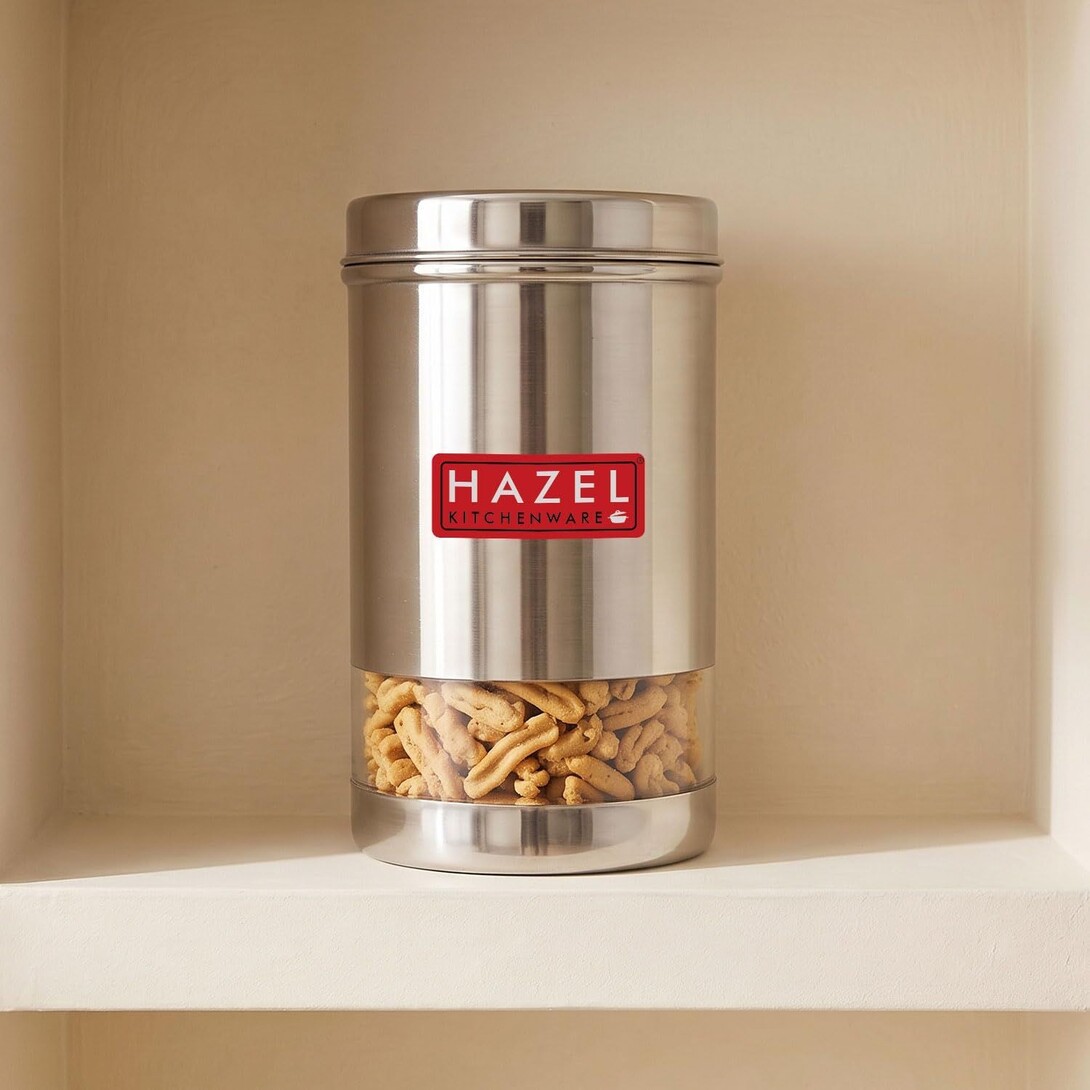 HAZEL Stainless Steel Transparent Glossy Finish See Through Container, 1 PC, Silver, 1200 Ml