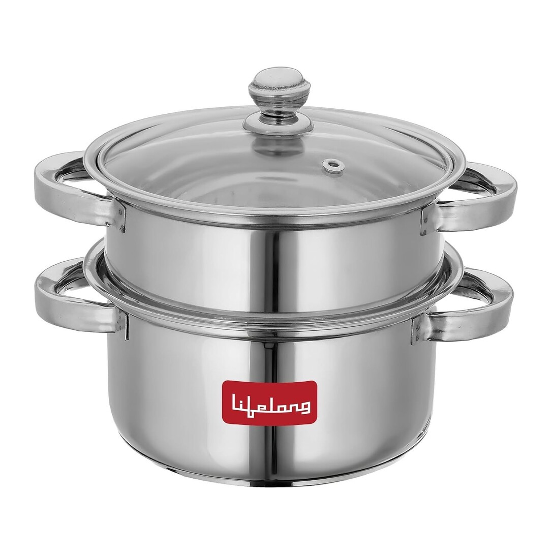 Lifelong 2-Tier Steamer/Momo/Modak Maker | Induction Compitable with Glass Lid & Riveted Handles 