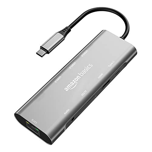 Amazon Basics USB-C Hub Dock 9-in-1 Aluminium Type-C Adapter with 4K HDMI, Ethernet 1000mbps Port, 3 USB 3.0, USB-C Power Delivery, 