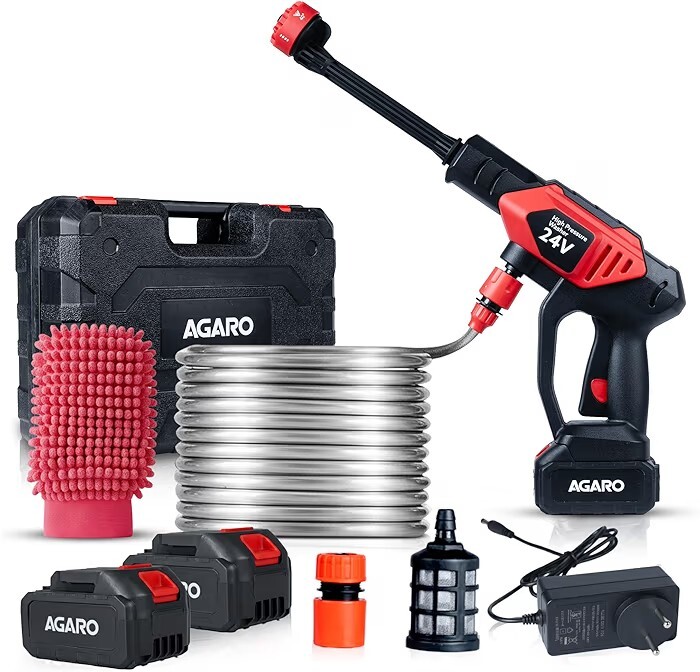 AGARO Marvel Cordless High Pressure Washer Gun, Premium Build Car Washer, 24V Rechargeable Battery (2 x 1500mAh), 110–240V, 10 Bar, Car, Bike & Home Cleaning, 6-in-1 Adjustable Nozzle, 5M Hose Pipe