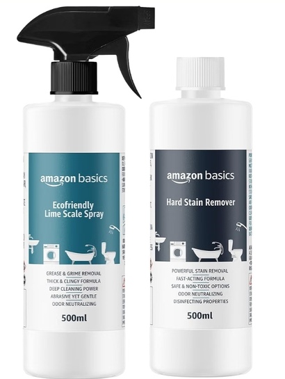 Amazon Basics – Hardstain & Descaler Eco-Friendly Cleaning Spray Combo | 500ml Each (Pack of 2) | Citrus Scent | for Kitchen & Bathroom Use