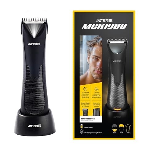 Ant Esports MGK1900 Waterproof IPX7 Cordless Trimmer for Men with Skin Safe Tech,No Nicks with Ceramic Blade,LED Torch with USB-C Fast Charging Dock,Intimate Grooming tool for Private Parts