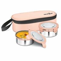 MILTON Express Meal Lunch Box (2 Round Inner Steel Leak Proof Containers with Click Lock Lids 380 ml Each) with Unisex Bag, Peach, Odour Proof, Food Grade