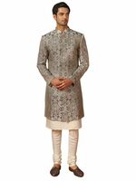 KISAH Mens Kurta Sherwani Churidar Set, Silk Blend Woven Design Pattern Grey Kurta Indo-Western Set for Men