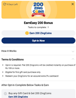 Zingoy - Get 200 ZingCoins on first gift card purchase of min 199 Rs (User Specific)