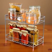 IVAZA Dual-Tier Stainless Steel Storage Rack for Kitchen, Bathroom, and Office – Spice Holder and Bottle Organizer Shelf – Rust-Resistant Counter Shelf Stand 