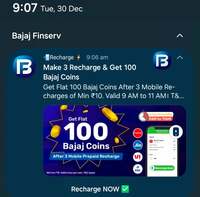 Bajaj Finserv - Get 100 coins on 3 mobile recharges of Rs 10 (9AM - 11AM)