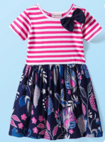 CrayonFlakes Cotton Half Sleeves Floral Printed Bow Applique Detailed Dress - Pink