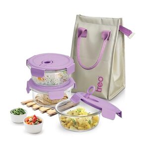 Treo by Milton Lumino Fresh Round Borosilicate Glass Lunch Box Set of 3, Purple Lid, 400 ml Each with Lunch Bag, Microwave & Dishwasher Safe, Leak Proof Containers Office Tiffin