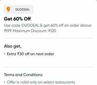 Swiggy : New Food Offer, Get 60% Off Upto ₹120 + 30 Extra Off On Next Order On Min Order Above ₹199