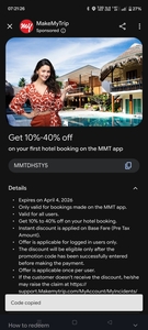 MakeMyTrip 10%–40% Off on First Hotel Booking (MMT App)