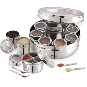 WALKN 12 in 1 See Through Stainless Steel Masala box for Kitchen | Spice Box | Spice Organiser | Masala Daani | Masala Dabba with 9 Containers and Small Spoons | 2.5L