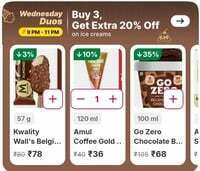 Flipkart Minutes: Wednesday Duos - Buy 3 Ice Creams and get 20% off on cart value (9Pm - 11Pm)