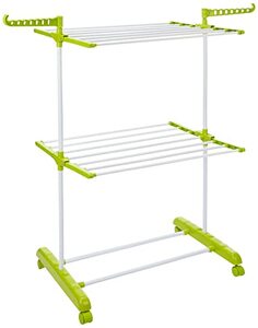 Amazon Brand - Solimo Steel Double Supported 2 Layer Cloth Drying Rack | Foldable, Movable | 54D x 64.9W x 127H cm | White & Green