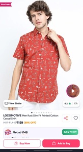 Locomotive men rust slim fit printed cotton casual shirt