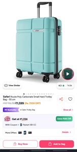 Turquoise blue solid hard-sided small trolley suitcase, secured with number lock