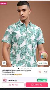 Highlander men green slim fit tropical printed casual shirt