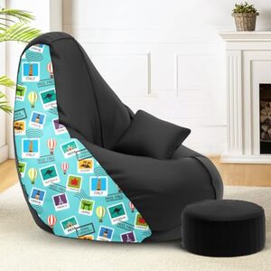 Amazon Brand - Solimo Premium Faux Leather Bean Bag Combo with Footrest & Cushion, Filled with Beans | Capacity: Upto 6 Ft 3 in Height, 120 KG Weight | 3XL | Globe Trotter | Black