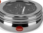 Sumeet Stainless Steel Belly Shape Masala (Spice) Box/Dabba/Organiser With See Through Lid With 7 Containers And Small Spoon (Small), Beige