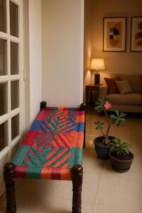 Handwoven Wooden Bench  (Multi Colour)